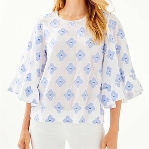 Lilly Pulitzer Francis Bell Sleeve White Blue Metallic Top Size Small